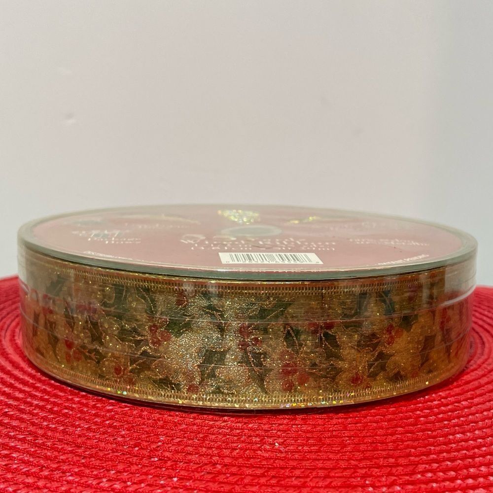 Members Mark Wired Ribbon Gold with Holly 55 yards NWT